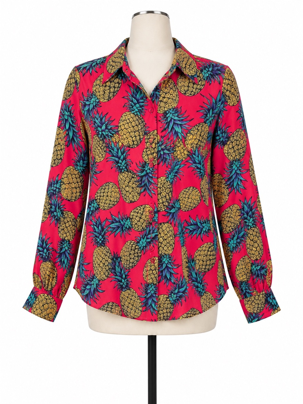 Anthropologie Janine Lecour Pineapple Button Down Blouse Pink Blue Size L NWT